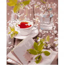 Картина за номерами Strateg ПРЕМІУМ Весняне чаювання з лаком та з рівнем розміром 40х50 см (GS1378)