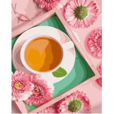 Картина за номерами Strateg ПРЕМІУМ Чаювання в рожевих відтінках з лаком та з рівнем розміром 40х50 см (GS1384)