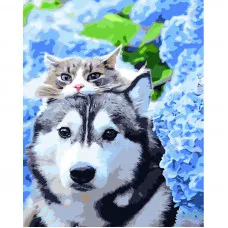Картина по номерам Strateg ПРЕМИУМ Хаски с котом с лаком и с уровнем размером 40х50 см (GS1477)