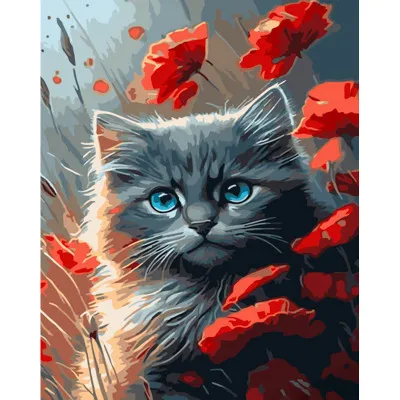 Картина за номерами Strateg ПРЕМІУМ Сірий котик у маках з лаком та з рівнем розміром 40х50 см (GS1485)