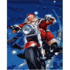 Картина за номерами Strateg ПРЕМІУМ Дід мороз на мотоциклі з лаком та з рівнем розміром 40х50 см (GS1555)