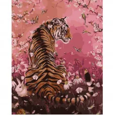 Картина за номерами Strateg ПРЕМІУМ Тигр на рожевому фоні розміром 40х50 см (GS918)