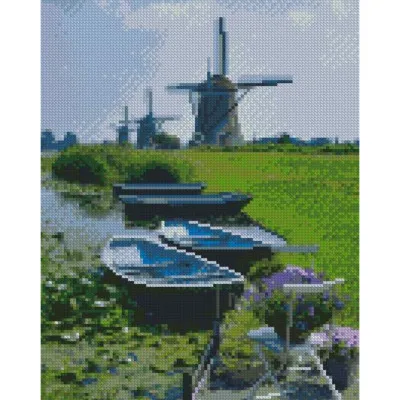 Алмазна мозаїка Strateg ПРЕМІУМ Човники на фоні млина розміром 30х40 см HX465