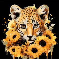 Картина за номерами Strateg ПРЕМІУМ Леопард та золоті соняшники на чорному фоні розміром 30х30 см (SH3030-21)