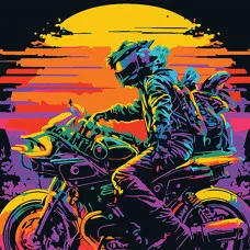 Картина за номерами Strateg ПРЕМІУМ Гонщик на мотоциклі у вогні заходу сонця на чорному фоні розміром 30х30 см (SH3030-9)