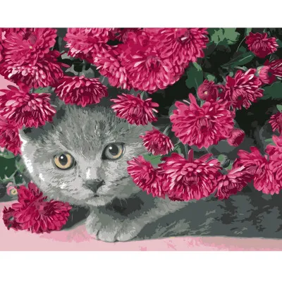 Картина за номерами Сірий кіт у квітах 40х50 см VA-0586