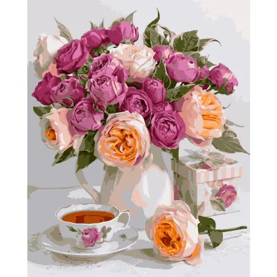 Картина за номерами Букет троянд та чашка чаю 40х50 см VA-1292