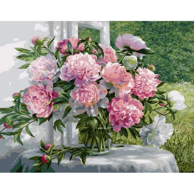 Картина по номерам Букет розовых пионов у окна 40х50 см VA-1509