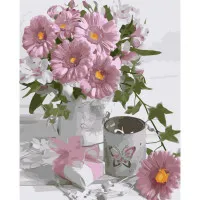 Картина по номерам Strateg ПРЕМИУМ Герберы и подарочек с лаком размером 40х50 см VA-3740