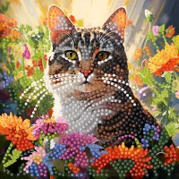 Алмазна мозаїка Strateg ПРЕМІУМ Кіт серед квітів на паперовій основі розміром 18х18 см (ZAV1818-12)